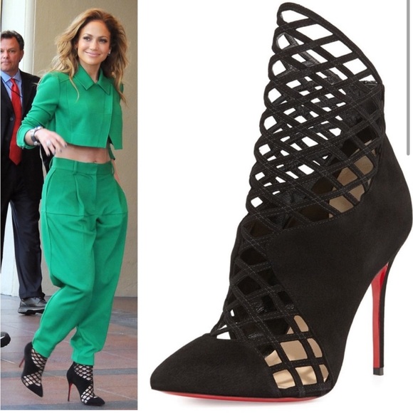 Christian Louboutin Black Suede Pointed Toe Ankle Boots Cutout Stiletto Heel 37 - Picture 1 of 16
